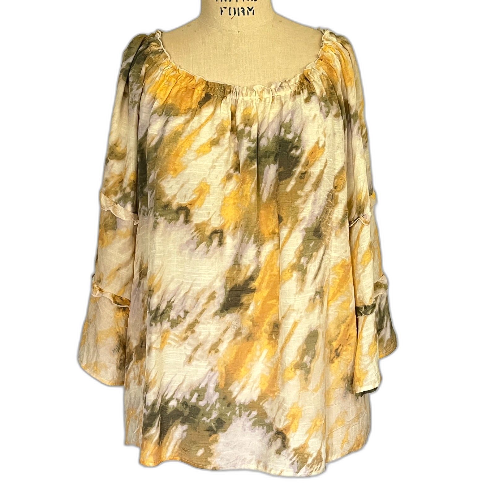 Yellow Boho Peasant Summer Top With Bell Tiered Sleeves And Gathered Neckline